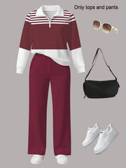 Women's 2pcs Suit Set - Striped Half-Pallet Pullover Top & Solid Color Pants with Zipper Closure, High-Elasticity Straight Leg Pants, Loose Fit for Commuting, Office & Daily Wear - All-Season Professional Attire (2pcs Matching Set)