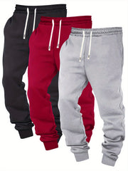 Three-pc Men's Solid Color Plain Elastic Waistband Drawstring Ribbed Cuffed Casual Jogger Pants, Men's Dress Administrative Trousers