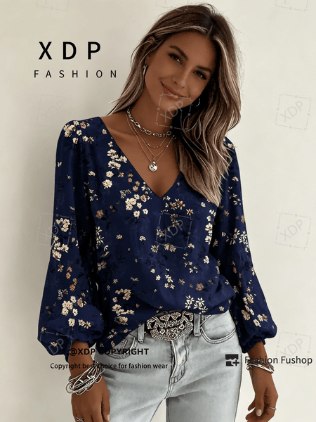 2D Flat Print Retro Western Style Shirt| V-neck Women's Long-sleeved Top with Colorful Small Floral Print, Bohemian Style Lantern Sleeve Design, Machine Washable, Suitable for Casual Attire and Vacations, 2D Flat