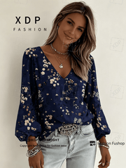 2D Flat Print Retro Western Style Shirt| V-neck Women's Long-sleeved Top with Colorful Small Floral Print, Bohemian Style Lantern Sleeve Design, Machine Washable, Suitable for Casual Attire and Vacations, 2D Flat
