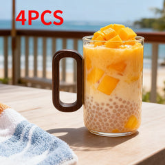 4pcs 360Ml Wooden-Handled High Borosilicate Glass Cup, Transparent And Heat-Resistant, Suitable for Home Use, Vintage Wooden Handle Tea/Coffee Cup Set, Breakfast Milk Cup, Juice/Drink Cup
