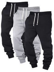 Three-pc Men's Solid Color Plain Elastic Waistband Drawstring Ribbed Cuffed Casual Jogger Pants, Men's Dress Administrative Trousers