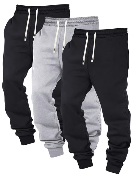 Three-pc Men's Solid Color Plain Elastic Waistband Drawstring Ribbed Cuffed Casual Jogger Pants, Men's Dress Administrative Trousers