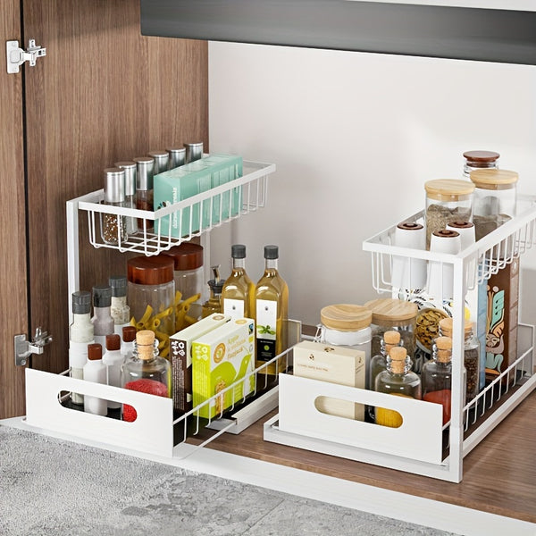 Pull-Out Organizer Rack, Multi-Functional Double-Layer Sundries Storage Rack, Large Capacity Sliding Storage Rack, Suitable for Kitchen And Bathroom, Home Organize And Storage, Home Additions