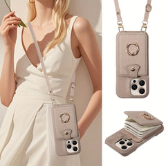 Multi Functional Phone Case for iPhone 17 Pro Max 16 15 14 13 12 11 Faux Leather Accordion Flip Cover with Ring Holder Crossbody Strap Long Lanyard Multi Card Slots Anti Drop