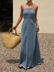 [2026Ss]Vintage Distressed Washed Denim Long Strap Dress, an Elegant And Stylish Outfit for Women, Made from Comfortable Fabric in a Retro Denim Style