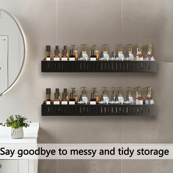 2pcs Large Capacity No-Drill/Screw Shower Shelf - Heavy-Duty SUS304 Stainless Wall-Mounted Bathroom Shelf with Hanging Rail System, Install Bath Storage Rack Suitable for Bathroom, Kitchen, Pantry (Black/Gray)