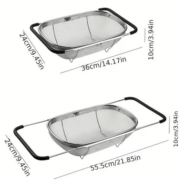 1pc, Sink Colander, Vegetable Sink Washing Basket, Fruit Drain Basket Rack, Stainless Steel Drain Basket, Strainer Basket, Adjustable Sink Rack, Multifunctional Colander, Kitchen Stuff, Kitchen Gadgets, Kitchen Accessories