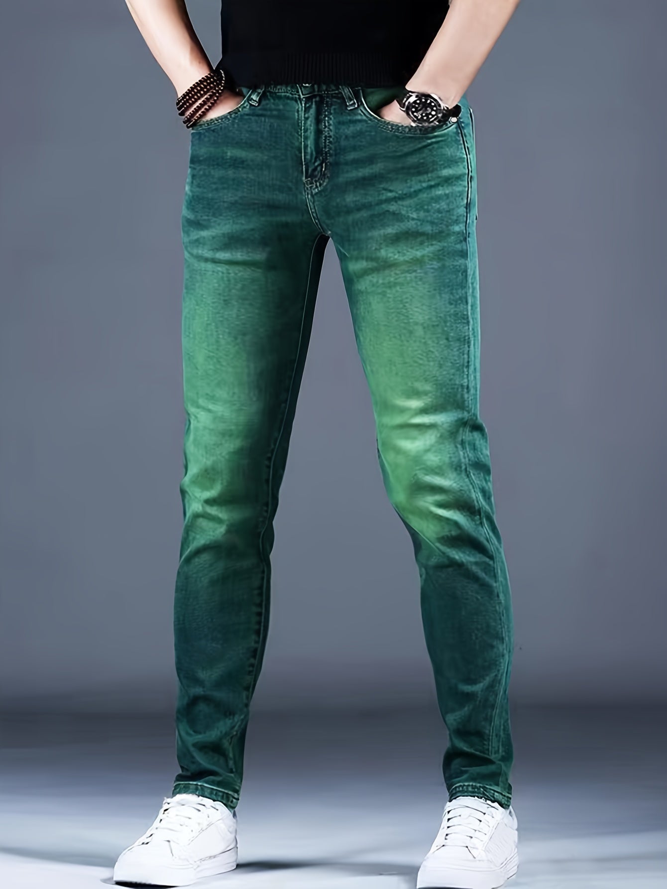 Men'S Jeans, Elastic, Easy, Denim Trousers, Slimming, Slim Fit, Green Men'S Clothing, Multi-Process Men'S Pants, Suitable for All Seasons