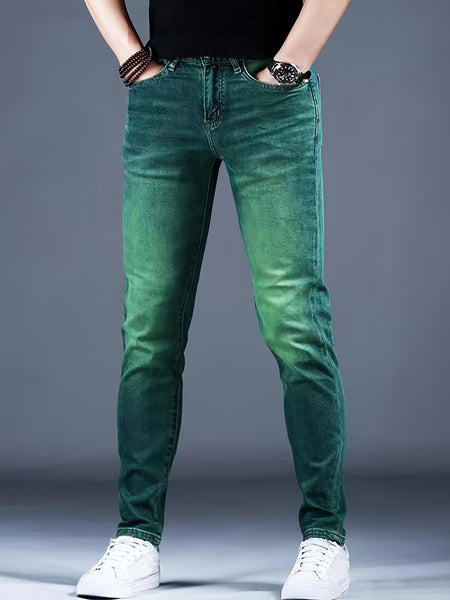 Men'S Jeans, Elastic, Easy, Denim Trousers, Slimming, Slim Fit, Green Men'S Clothing, Multi-Process Men'S Pants, Suitable for All Seasons
