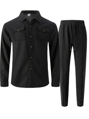 Men's Two-Piece Set, Autumn-Winter Casual Fashion Beach Dual Pocket Turn Collar Long Sleeve Shirt + Trousers Outfit for Fall/Winter Hawaiian Vacation