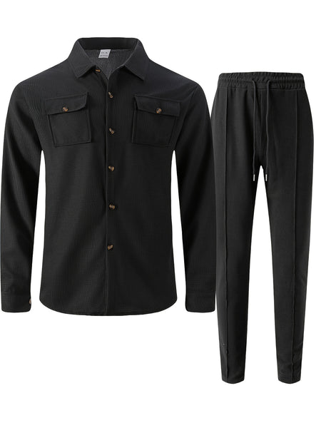 Men's Two-Piece Set, Autumn-Winter Casual Fashion Beach Dual Pocket Turn Collar Long Sleeve Shirt + Trousers Outfit for Fall/Winter Hawaiian Vacation