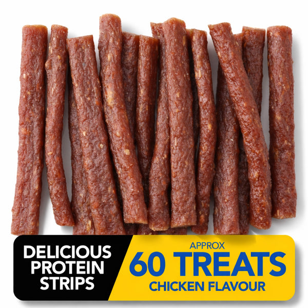 Pure Breed 600g Delicious Protein Strips Chicken Flavour (4x150g) | High Protein Chicken Dog Treats & Chews | 3.9 Inch Chewy Training Snacks for Dogs & Puppies | Resealable Pack, Easily Digestible Reward Treats