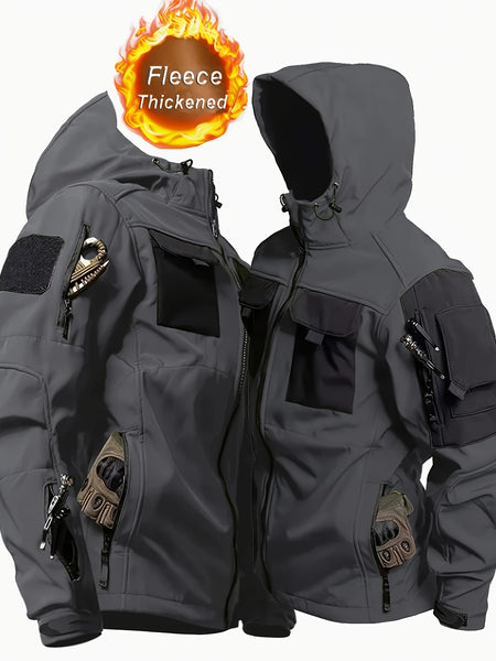 Men'S Fleece Warm Softshell Jacket Outdoor Camping Mountaineering Skiing Hiking Jacket Multi-Pocket Hooded Tactical Coat Autumn And Winter Workwear