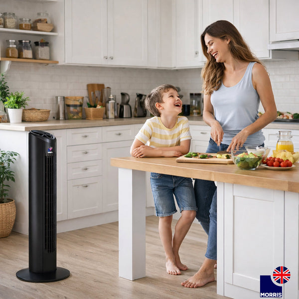 Morris Tower Fan 32 Inch Bladeless Design 3 Speeds Oscillating Remote Control Quiet 45dB for Bedroom Office 7.5H Timer