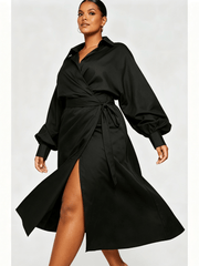 Women Wrap Midi Shirt Dress, Long Sleeve Lapel Side Zip Ruched Split Hem Dresses, Casual Office Party Dress