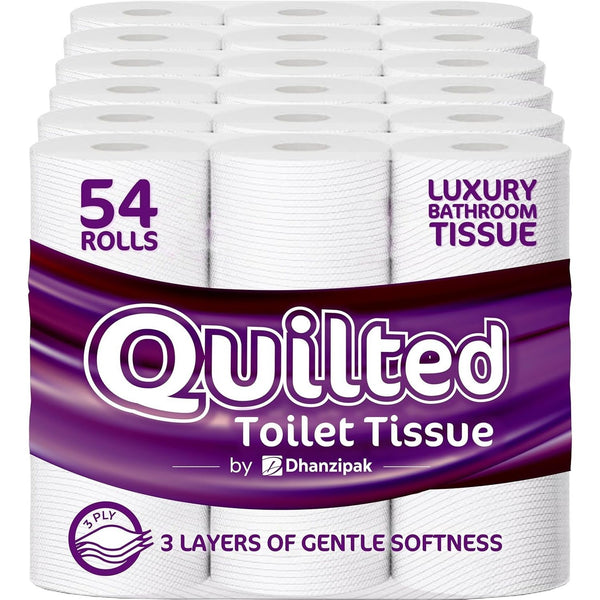 54 Rolls of 3-Ply Premium Quilted Toilet Paper | Generous Length per Roll | Luxuriously Soft, Strong & Highly Absorbent Toilet Tissue
