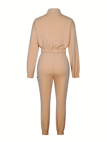 Cross-Border Women'S Two-Piece Set Zipper Long-Sleeved Top Pants Stitching Zipper Design Casual Suit