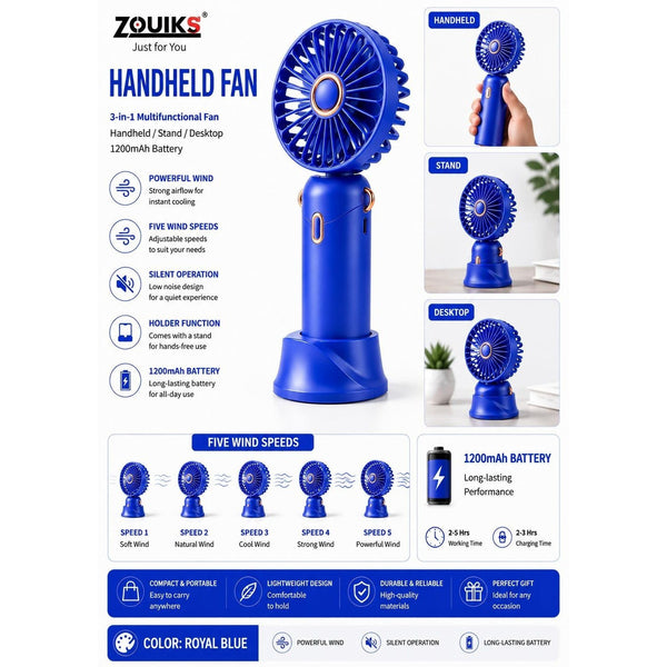 Rechargeable Handheld Fan Portable Mini USB Cooling Fan 5 Speed Silent Desktop Fan