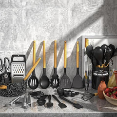 33PCS Non-Stick Kitchen Utensil Set, Silicone Cooking Tools with Wooden Handles, Light Khaki/Black, Cooking Tools and Accessories, Holiday Birthday Gift