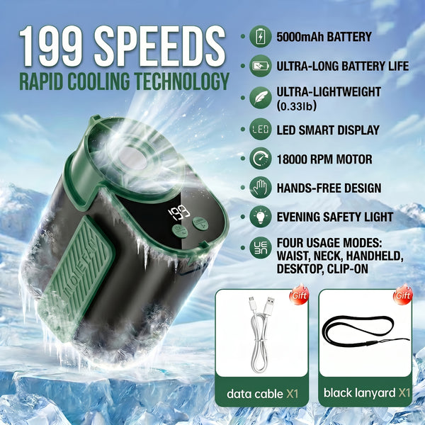 Wearable Air Conditioning Fan - USB Rechargeable, Intelligent 5-Speed High-Speed Fan, Fast Cooling, 5000Mah Battery with Super Long Battery Life, Built-In Flashlight, Ideal for Outdoor Camping, Sports, And Work