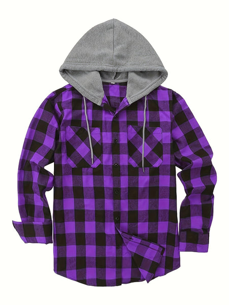 2pcs Men's New York Fashion Trendy Plaid Shirt Hoodie, Plaid Pullover Sweatshirt Flannel Hoodie