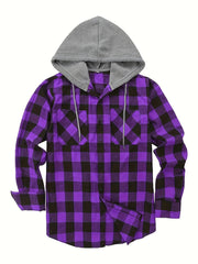 2pcs Men's New York Fashion Trendy Plaid Shirt Hoodie, Plaid Pullover Sweatshirt Flannel Hoodie