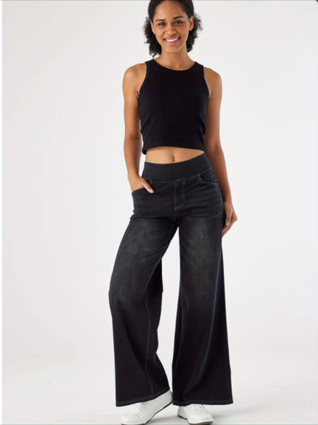 ' High Waisted Wide Jeans - Stretchy Pants with Multiple Pockets, -Washed - Casual Trousers for Jeanswear & Layering (Wide-Waisted Fit)