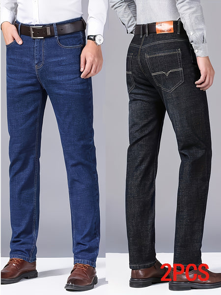 Men's Business Casual Jeans 2pcs All-Season Slim Fit Slight Straight Leg Wrinkle-Free Process Mid-Rise Comfortable Breathable for Commuting and Dating