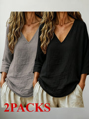 2 PACKS V-Neck 3/4 Sleeve Tops, Women'S Loose Breathable Summer Casual Blouse Shirts