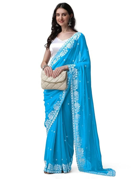 Estationeryhouse Women's Georgette Embroidery Border Work Designer Saree with Blouse Piece