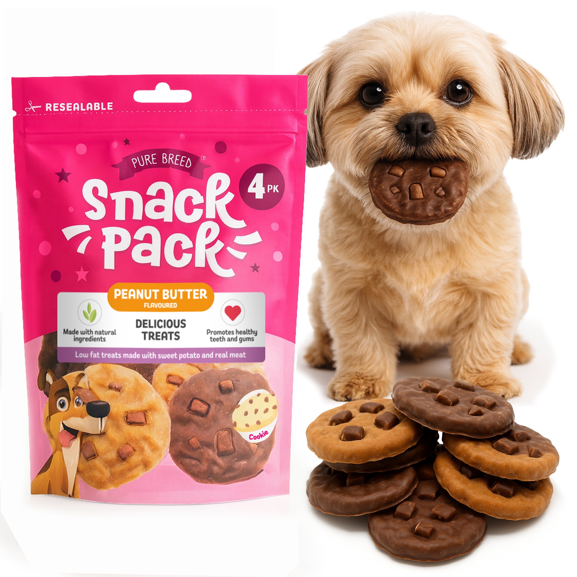 Pure Breed Snack Pack Dog Chews 4 Pack | Peanut Butter Cookie Dog Treats | Grain-Free Low Fat Healthy Dog Snacks | Natural Sweet Potato & Real Meat Chew | Tasty Training Reward for All Breeds