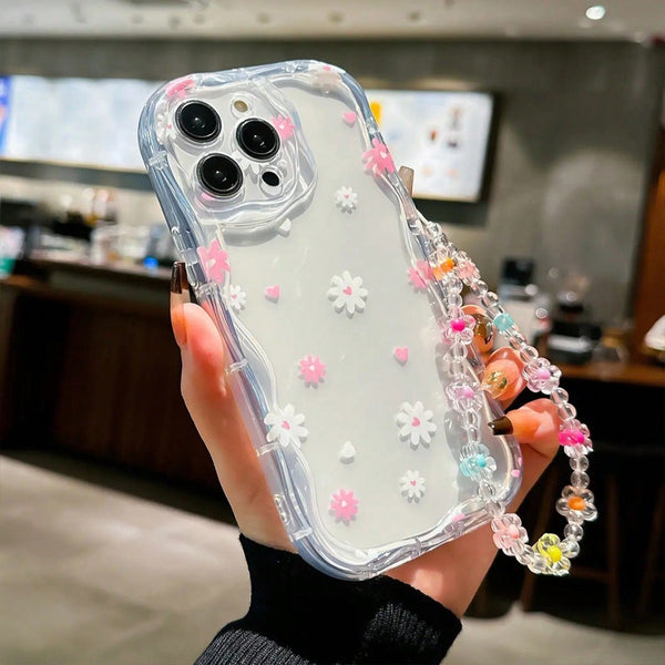 Flower Wavy Clear Phone Case For iPhone 17 16 15 14 13 12 11 Pro Max with Charm