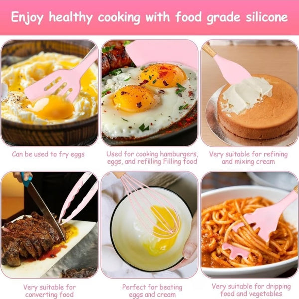 12pcs Silicone Cooking Utensils Set With Wooden Handle Food Grade High Temperature Resistant For Nonstick Cookware Pink