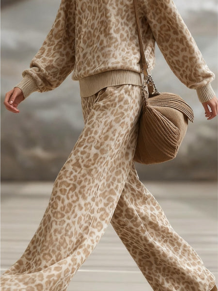 Women's Leopard Print Casual Suit, Loose Crew Neck Sweater + Wide-leg Pants Two-piece Set, Daily Social Lazy Style Fashion Suit, Lazy High-end Style, Women's Fashion Leopard Print Two-piece Set