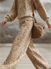 Women's Leopard Print Casual Suit, Loose Crew Neck Sweater + Wide-leg Pants Two-piece Set, Daily Social Lazy Style Fashion Suit, Lazy High-end Style, Women's Fashion Leopard Print Two-piece Set