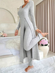 Design Sense Round Neck Slit Long Sleeve Base Top for Women; Two-piece Set with Trousers; Ribbed