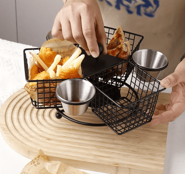 1pc Rotating French Fry Basket with Dipping Cup Compatible for French Fries, Onion Rings, Wings - Heavy-Duty Stainless Food-Contact Rotator System, Countertop/Floating Shelf Fryer Basket for & Commercial Kitchens