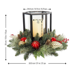 Holiday Pine Centrepiece with LED Candle and Red Baubles for Christmas