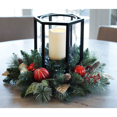 Holiday Pine Centrepiece with LED Candle and Red Baubles for Christmas