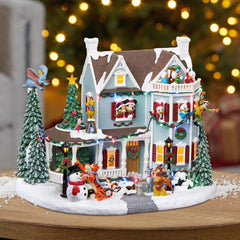 Disney 11.7 Inch (29.8cm) Animated Christmas Holiday House Table Top Ornament with LED Lights & Sounds