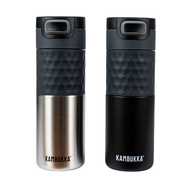 Kambukka 500ml Travel Mug, 2 Pack in Black and Silver