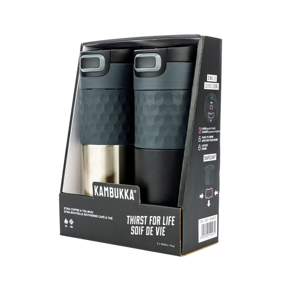 Kambukka 500ml Travel Mug, 2 Pack in Black and Silver