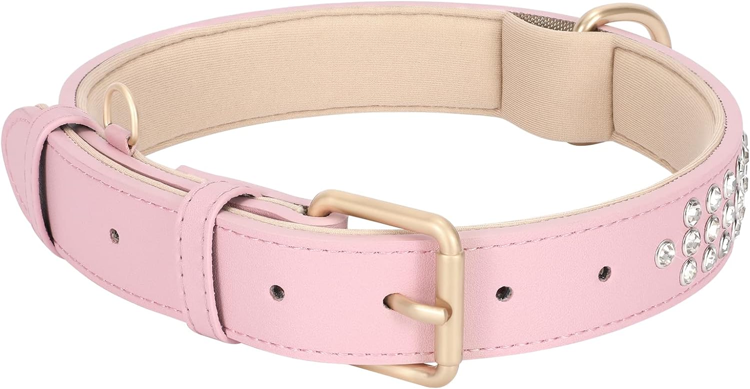 Leather Padded Dog Collar Adjustable Diamond-Studded Pet Collar (Rhinestone Pink)