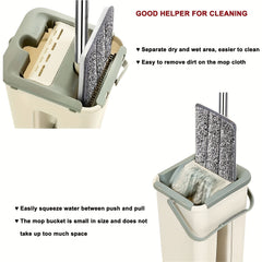 Flat Floor Mop Bucket Set With 2 Microfiber Mop Pads, Easy Self-Wringing Cleaning Mop Bucket