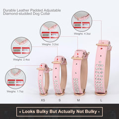 Leather Padded Dog Collar Adjustable Diamond-Studded Pet Collar (Rhinestone Pink)