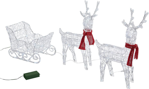 Outdoor Battery Operated Reindeer & Sleigh Christmas Light Up Acrylic Figure Garden Decoration with 240 White LEDs & Timer