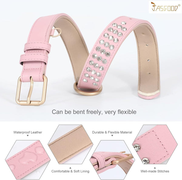 Leather Padded Dog Collar Adjustable Diamond-Studded Pet Collar (Rhinestone Pink)