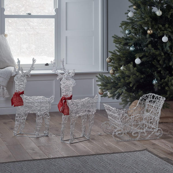 Outdoor Battery Operated Reindeer & Sleigh Christmas Light Up Acrylic Figure Garden Decoration with 240 White LEDs & Timer