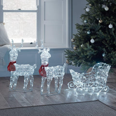 Outdoor Battery Operated Reindeer & Sleigh Christmas Light Up Acrylic Figure Garden Decoration with 240 White LEDs & Timer